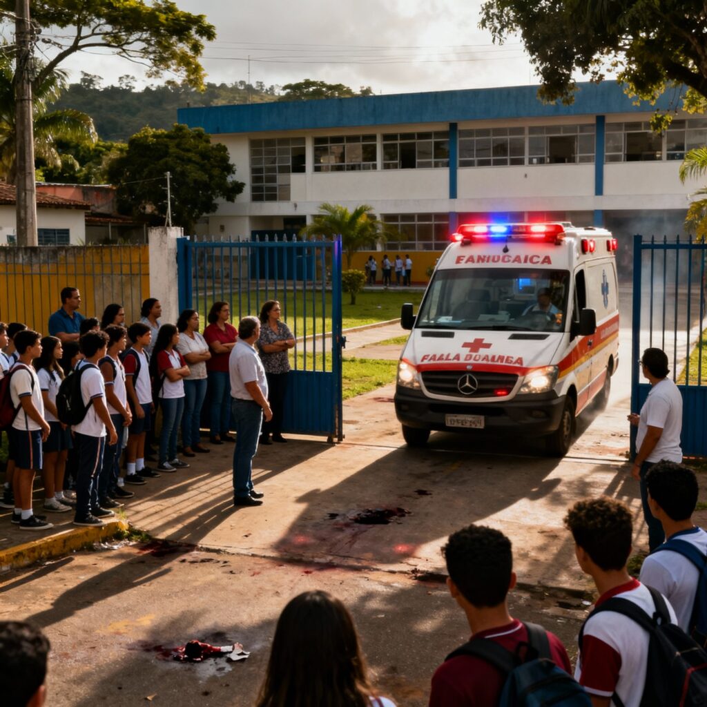 Ambulância saindo da escola após acidente com estudante durante brincadeira perigosa.