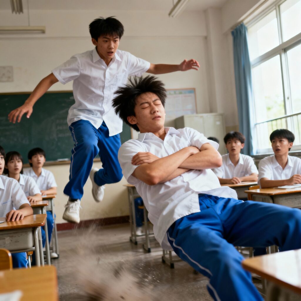 “Aluno caindo durante a brincadeira do teste de confiança em sala de aula.”