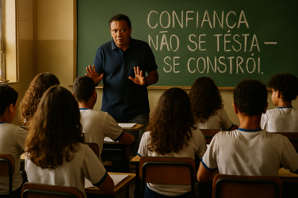 “Cena escolar destaca a lição de que confiança é construída com atitudes e respeito, não por desafios perigosos.”