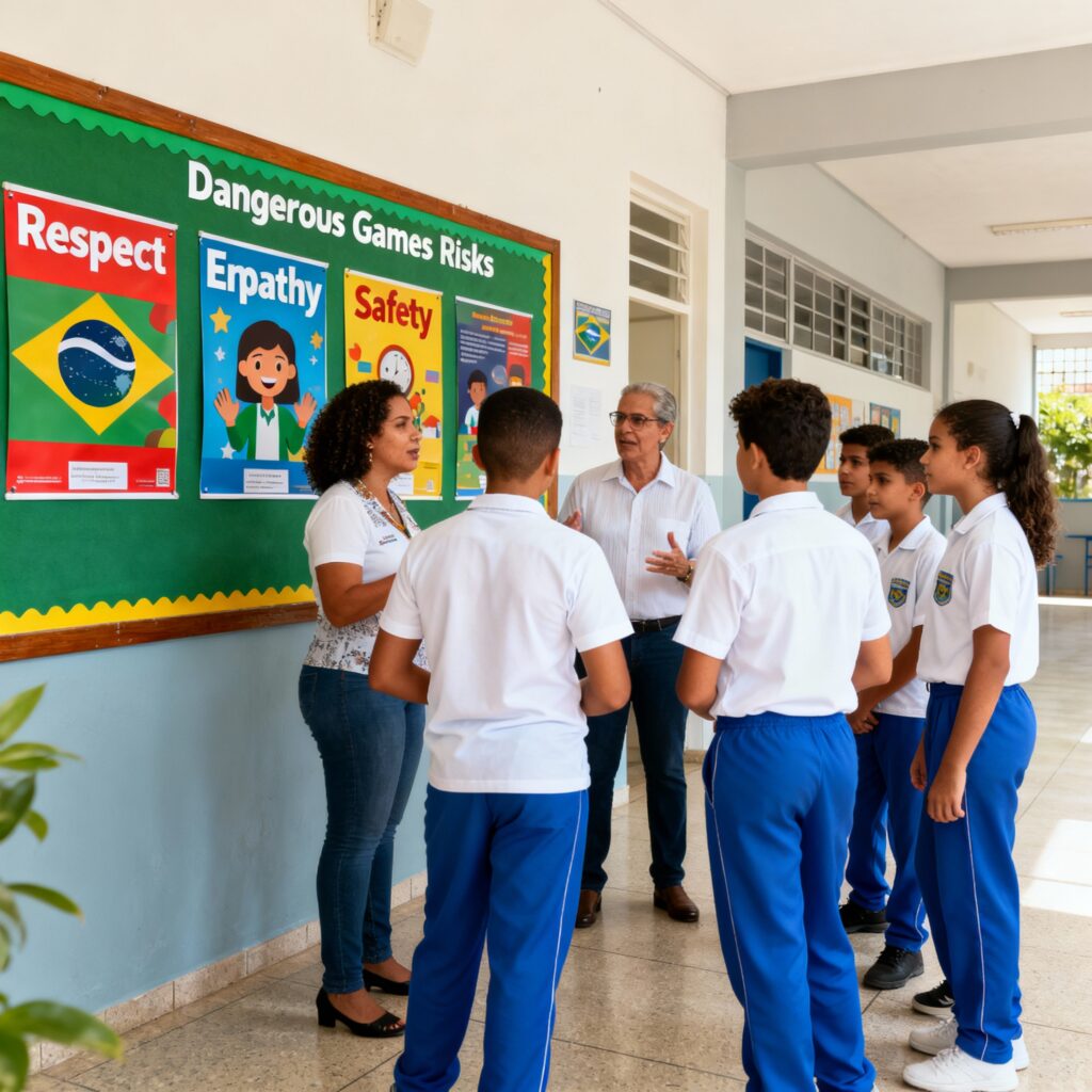 Conselho escolar reunido com professores e alunos discutindo medidas de prevenção e segurança após incidentes com brincadeiras perigosas.