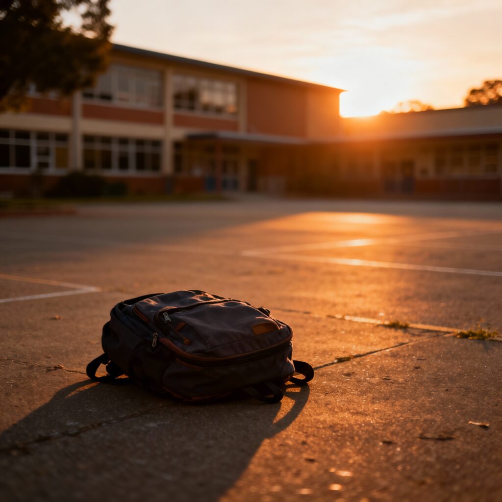 Mochila escolar caída no chão simbolizando as consequências de brincadeiras perigosas e a gravidade dos acidentes nas escolas.