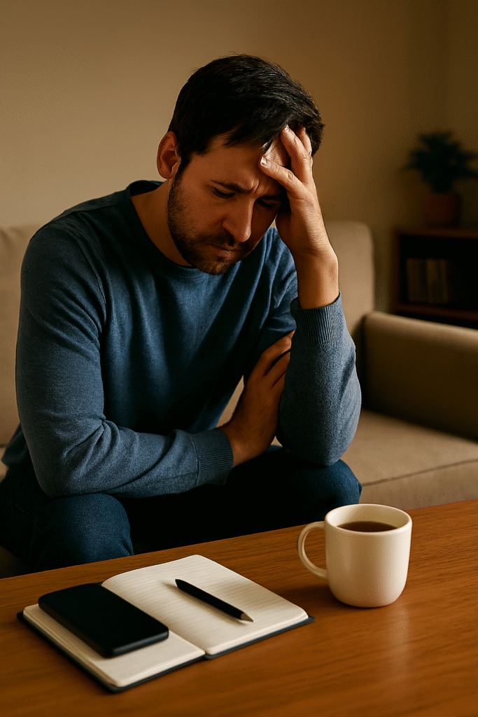 "Pessoa adulta sentada sozinha em sofá de ambiente doméstico simples, com expressão preocupada e pensativa, transmitindo cansaço mental e ansiedade silenciosa."