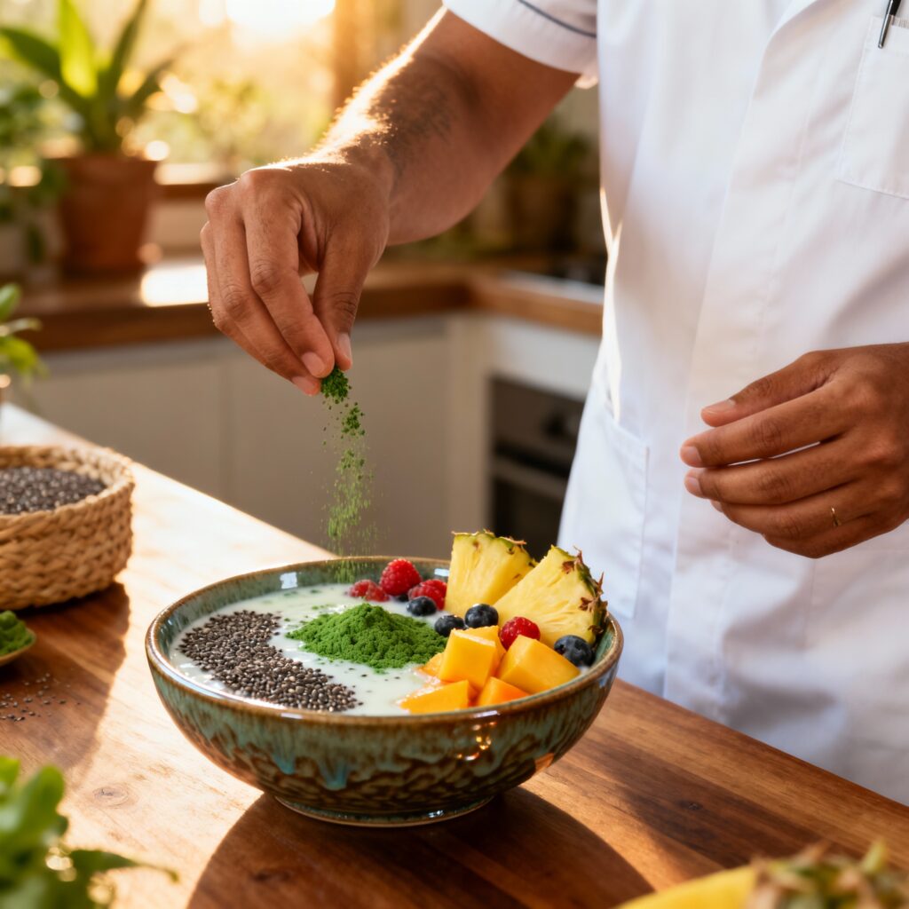 (Mostra o Brasil liderando a integração entre ciência e alimentação natural.)