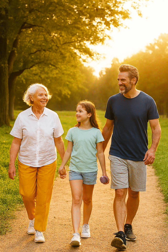 "Grupo diverso de pessoas caminhando ao ar livre em ambiente natural, simbolizando equilíbrio entre saúde física, mental e relações sociais."