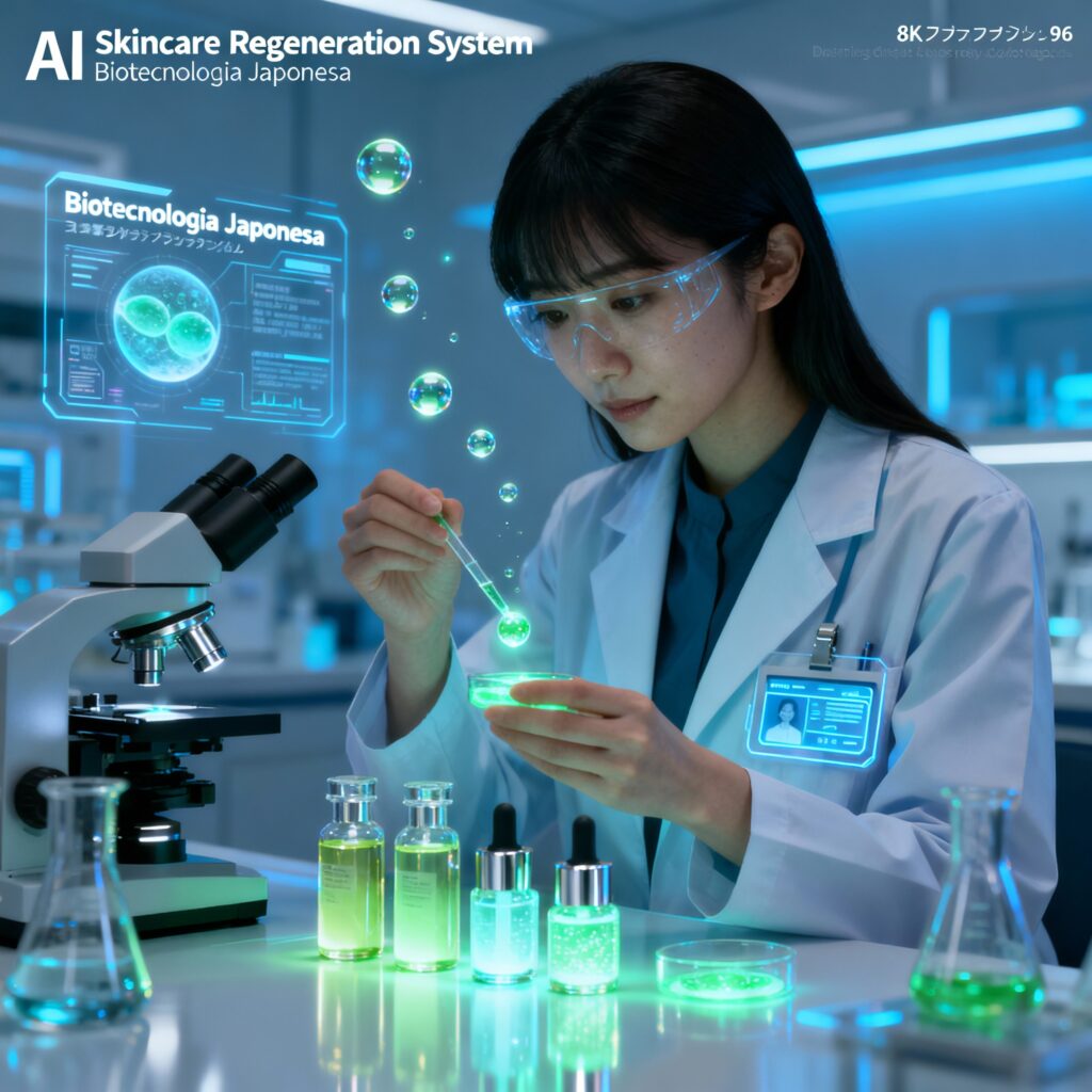 Prompt: Ultra-realistic 8K portrait of a Japanese woman scientist in a futuristic skincare laboratory, testing intelligent regenerative cosmetics powered by AI and biotechnology. Blue ambient light, glass vials with glowing serums, soft reflections, cinematic lighting, vertical 9:16. (Representa o Japão — referência em biotecnologia e inovação cosmética.