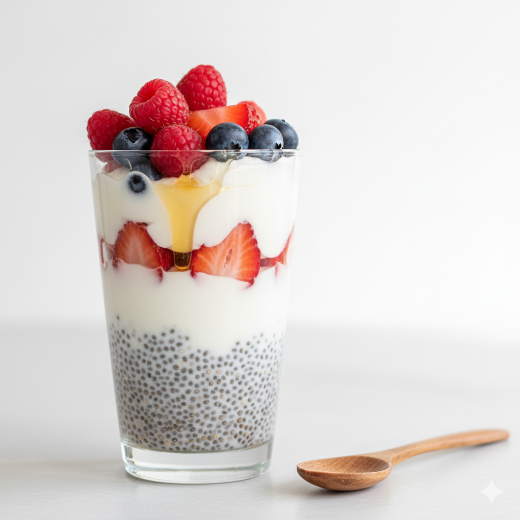 Iogurte com chia, mel e frutas vermelhas em café da manhã saudável.