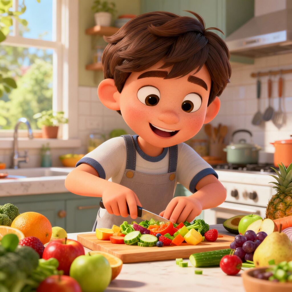 Criança ajudando a preparar uma refeição colorida e saudável com frutas e legumes.
Mensagem na imagem: “Alimentação saudável é amor em cada refeição 🥗”