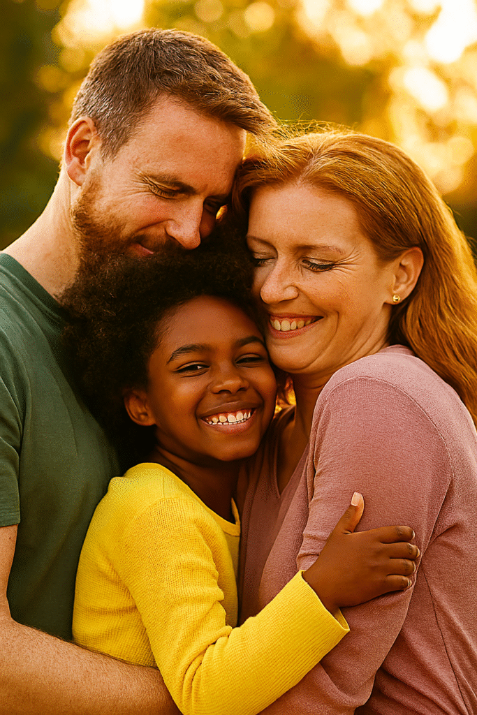 "Criança sorridente sendo abraçada carinhosamente por família adotiva em ambiente acolhedor e iluminado, transmitindo amor, esperança e pertencimento."