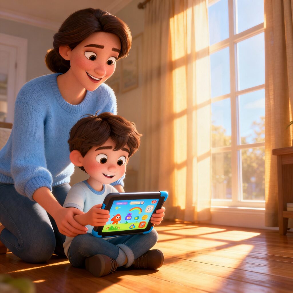 Criança usando tablet com acompanhamento dos pais, representando uso consciente da tecnologia.
Mensagem na imagem: “Tecnologia com propósito, infância com equilíbrio 🤖💚”