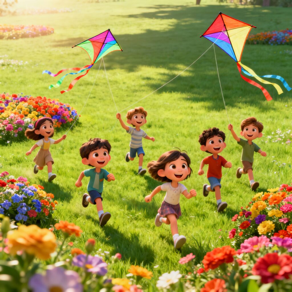 Crianças brincando ao ar livre e soltando pipa, mostrando o valor da atividade física e do contato com a natureza.