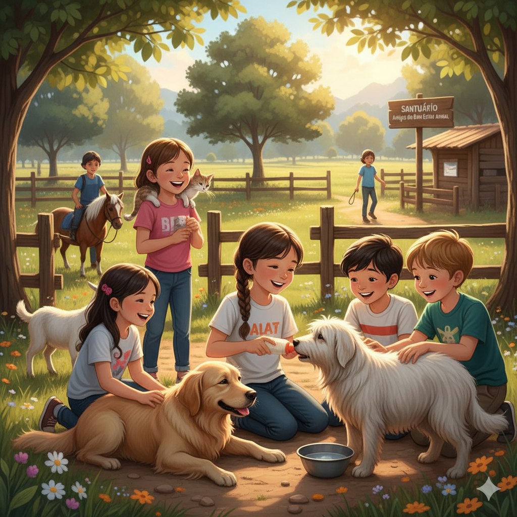 "Crianças sorridentes brincando e interagindo com cães em abrigo, demonstrando empatia, cuidado e o vínculo afetivo entre humanos e animais."