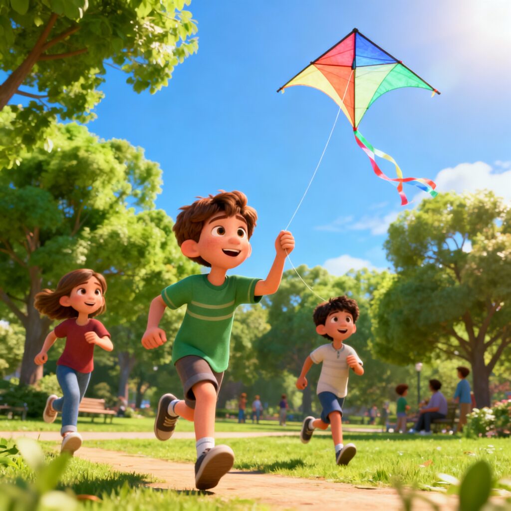 Crianças brincando e correndo em parque verde, simbolizando bem-estar físico e alegria infantil.