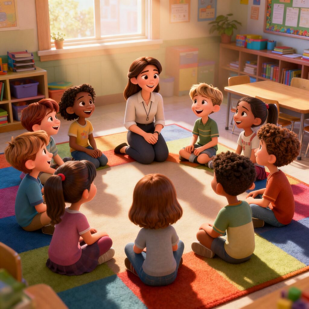 Crianças em roda com professora sorrindo em sala colorida, simbolizando empatia e educação emocional.
