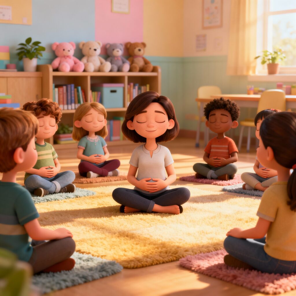 Crianças praticando respiração e atenção plena em grupo para cuidar da saúde emocional.
Mensagem na imagem: “Falar de sentimentos também é cuidar da saúde 💭