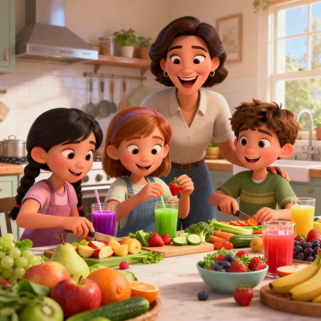 Crianças preparando lanches saudáveis com frutas e sucos, representando bons hábitos alimentares.