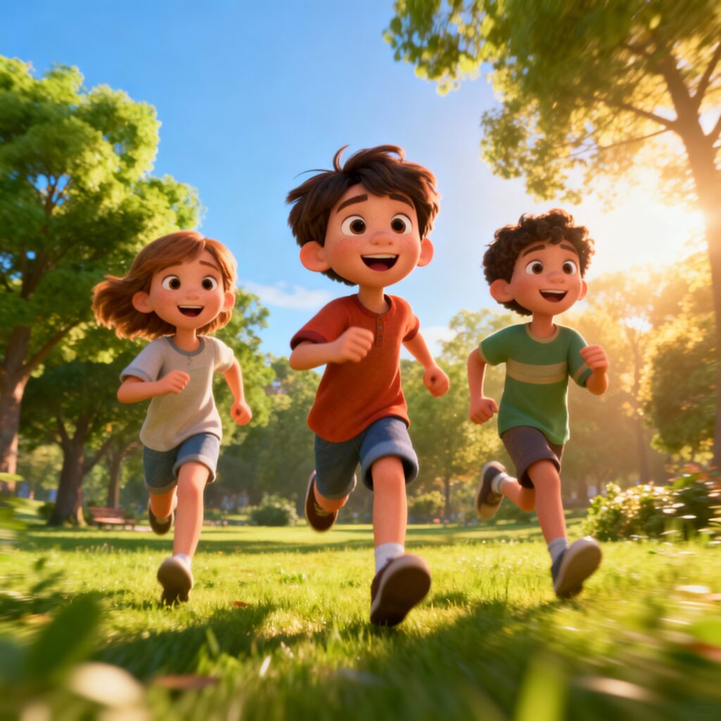 Crianças brincando felizes ao ar livre representando o bem-estar infantil.