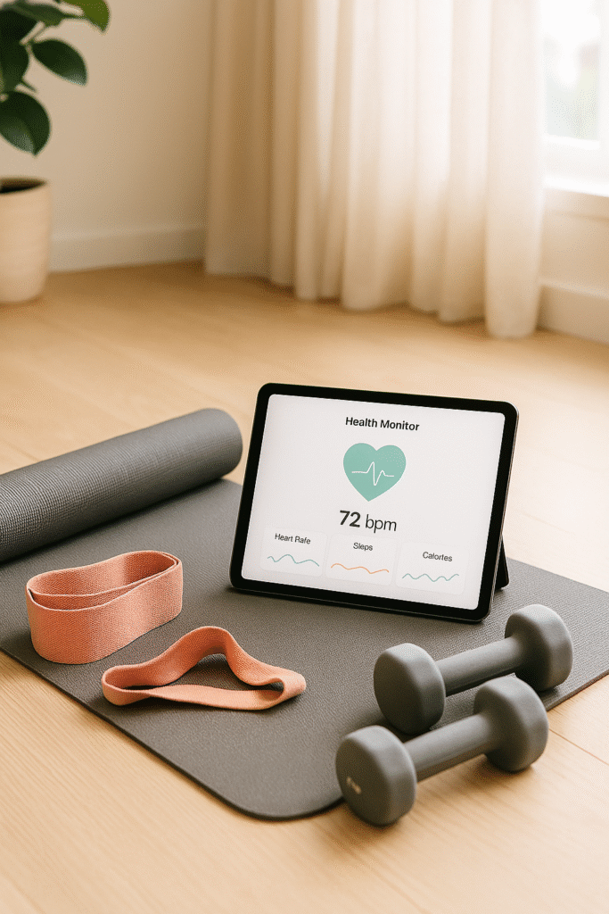 "Dispositivos fitness modernos para exercícios em casa, incluindo tapete de yoga, halteres, faixa elástica, com aplicativo em tablet exibindo monitoramento de saúde, iluminação natural suave e atmosfera acolhedora."