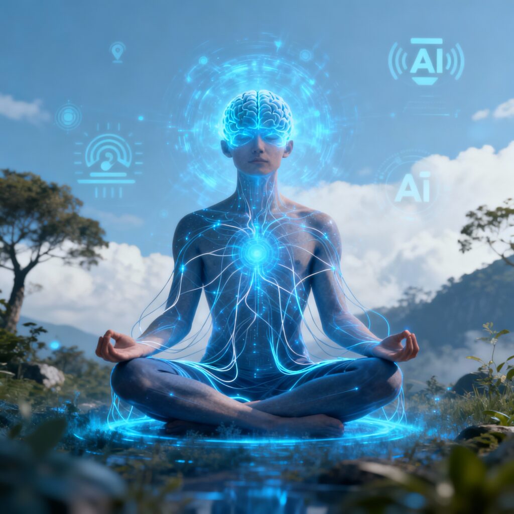“Figura humana meditando conectada a energia digital, simbolizando o equilíbrio entre corpo, mente e inteligência artificial.”