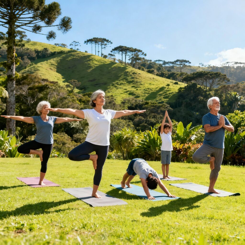 Grupo diverso de pessoas caminhando em parque arborizado, valorizando atividade física, convivência social e contato com a natureza.
