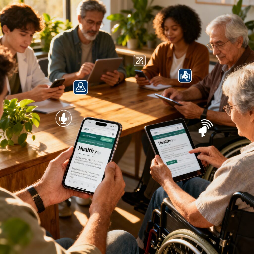 “Grupo diverso de pessoas acessando informações de saúde em dispositivos móveis.”