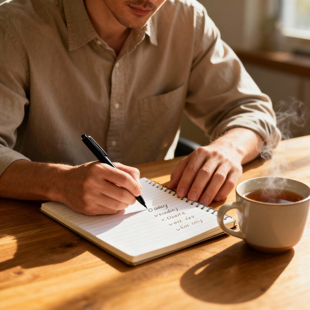 Microhábitos que Transformam a Vida: pequenas atitudes com grandes resultados Homem anotando metas diárias simples, simbolizando a prática dos microhábitos.