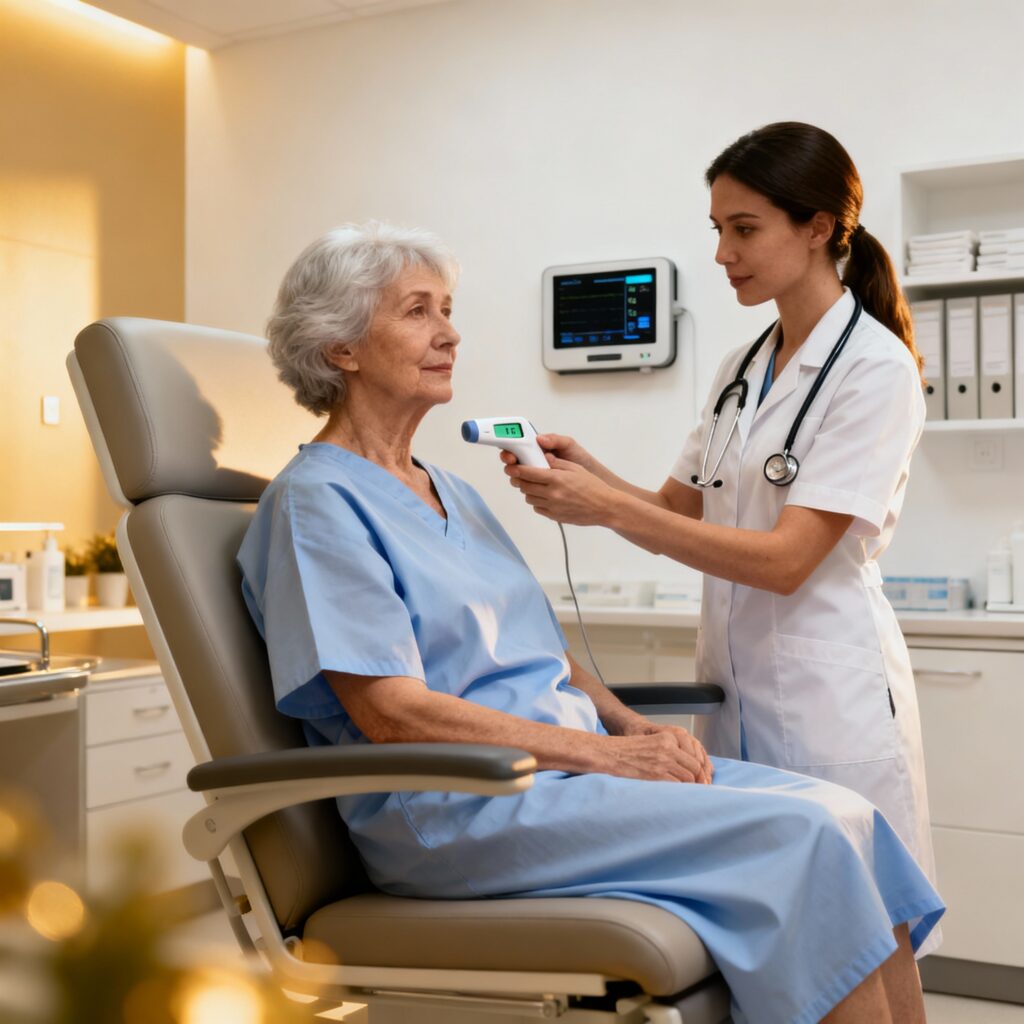 Idosa recebendo atendimento médico preventivo em clínica moderna, representando cuidados e assistência à terceira idade.