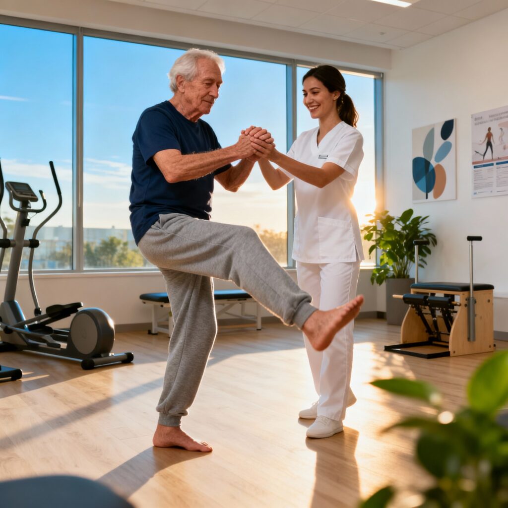 Idoso fazendo exercício com fisioterapeuta, representando vitalidade e saúde física.