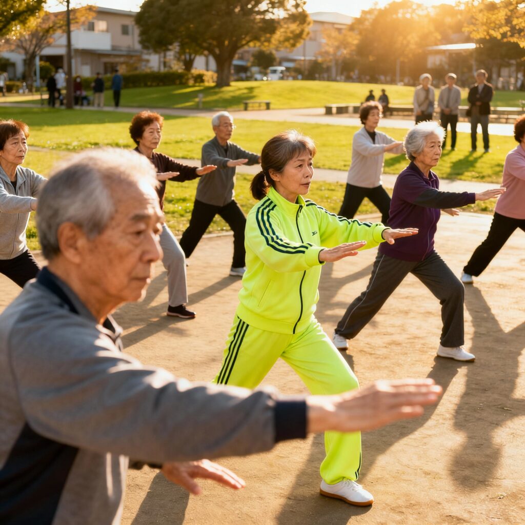 Grupo de idosos participando de aula de alongamento ao ar livre em programa comunitário de saúde e bem-estar.