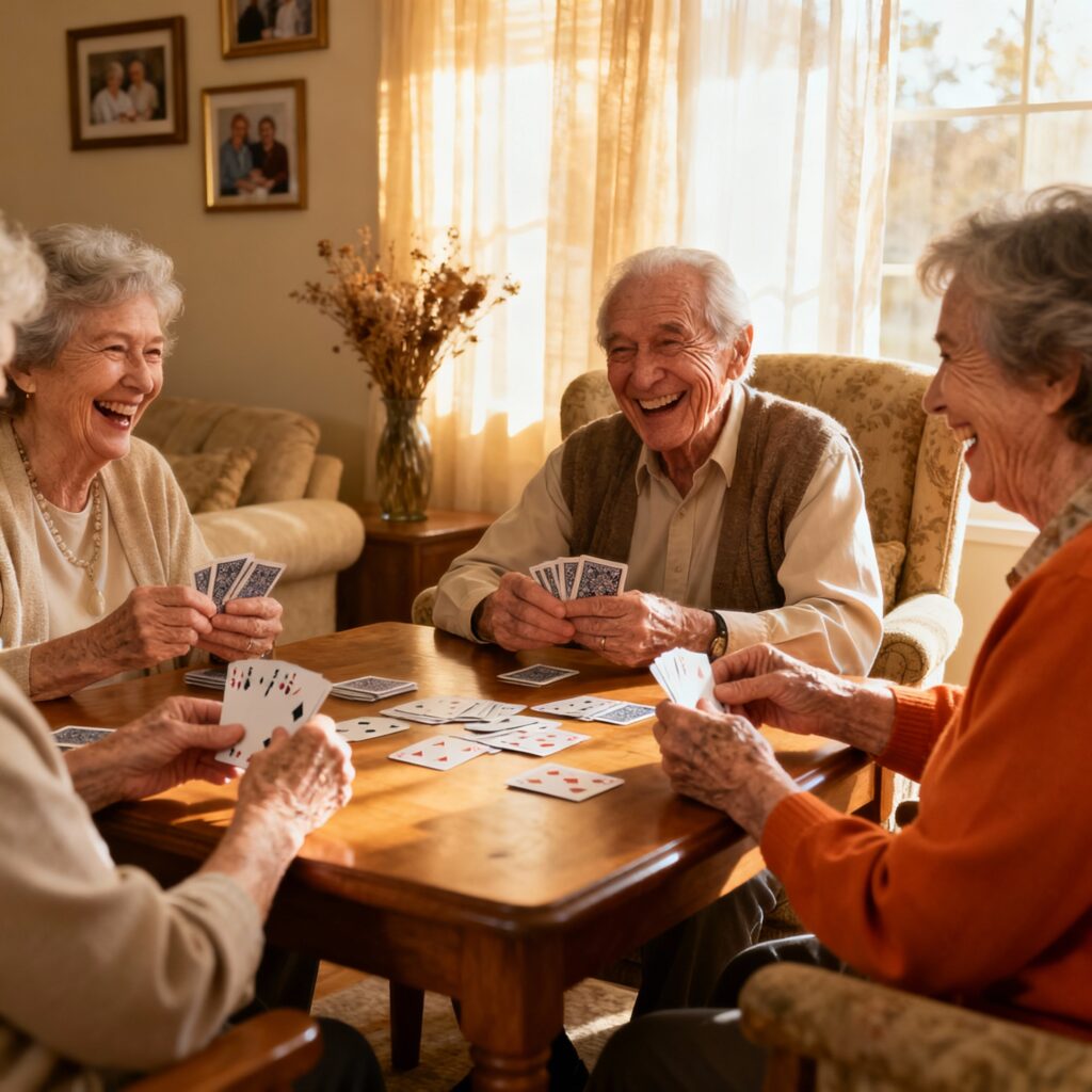 Grupo de idosos jogando e sorrindo juntos, representando saúde mental e convivência social.