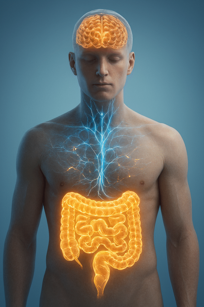 “Imagem microscópica mostrando bactérias boas e ruins no intestino, representando o equilíbrio da microbiota.”