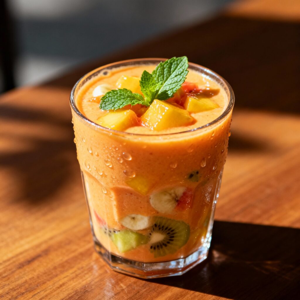 Copo transparente com smoothie cremoso feito de frutas tropicais como mamão, manga, banana e kiwi, decorado com folha de hortelã, em ambiente iluminado por luz natural quente, destacando as cores vibrantes e textura suculenta.