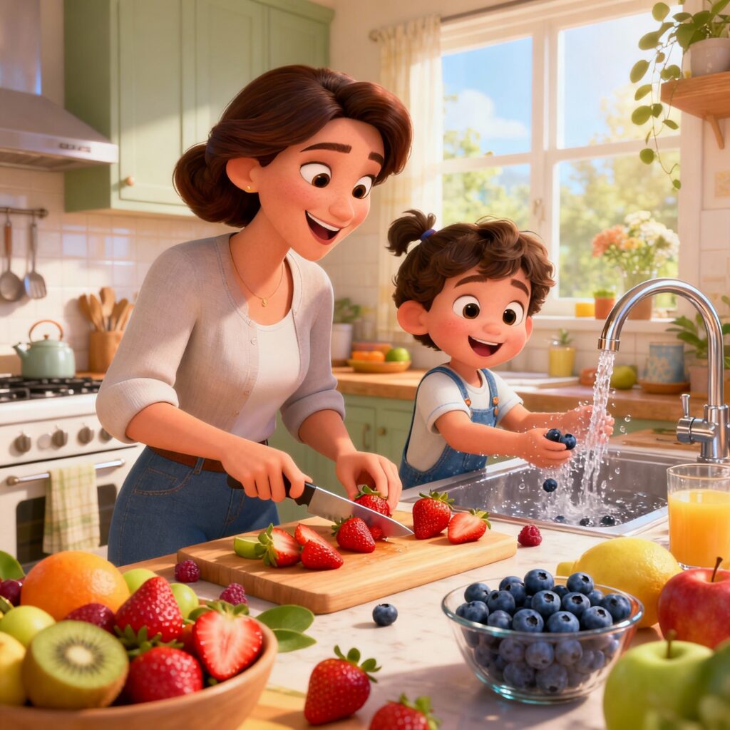 Mãe e filho preparando frutas juntos na cozinha, simbolizando hábitos saudáveis e conexão familiar.