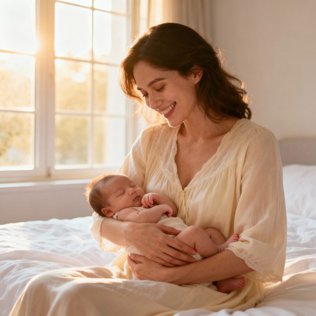 Mãe segurando seu bebê recém-nascido em um quarto iluminado, transmitindo amor e bem-estar na maternidade.