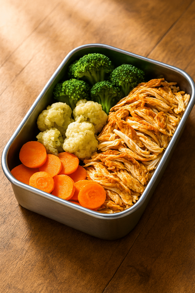 Marmita aberta com peito de frango desfiado dourado, brócolis, couve-flor e cenoura cozida, arrumados de forma organizada e iluminados por luz natural clara, representando alimentação saudável e balanceada.