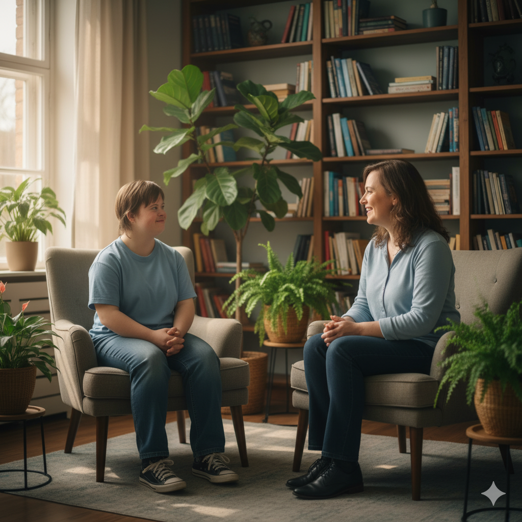 Psicóloga oferecendo apoio emocional a uma mulher com Síndrome de Down.
