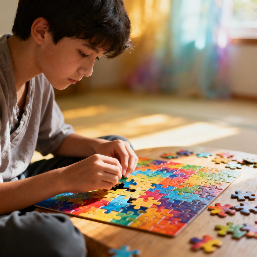 Jovem autista montando um quebra-cabeça com tranquilidade