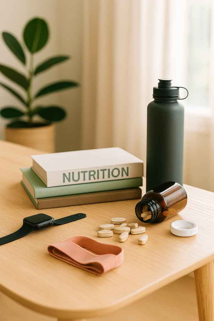 "Mesa com suplementos naturais, livros de nutrição, garrafa de água funcional e relógio inteligente, em ambiente minimalista e moderno, iluminado por luz natural, simbolizando estilo de vida saudável e tecnologia."