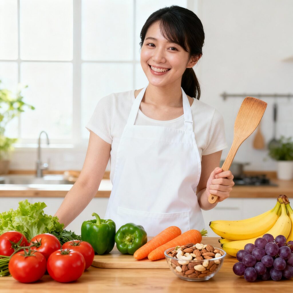 Mulher sorridente preparando alimentos saudáveis, com frutas, legumes e castanhas sobre a mesa, representando equilíbrio e bem-estar.