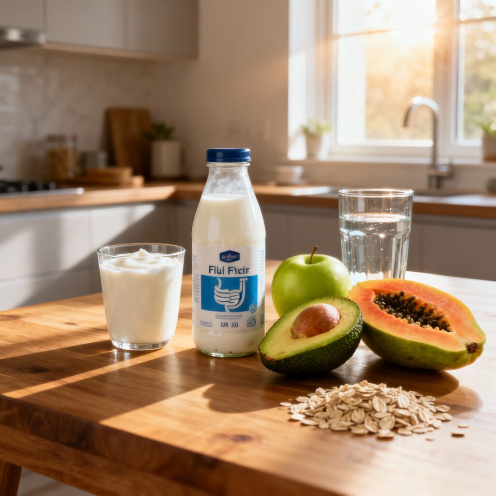 “Mesa iluminada com alimentos saudáveis como iogurte, frutas e aveia, representando hábitos que melhoram a saúde intestinal e o bem-estar.”