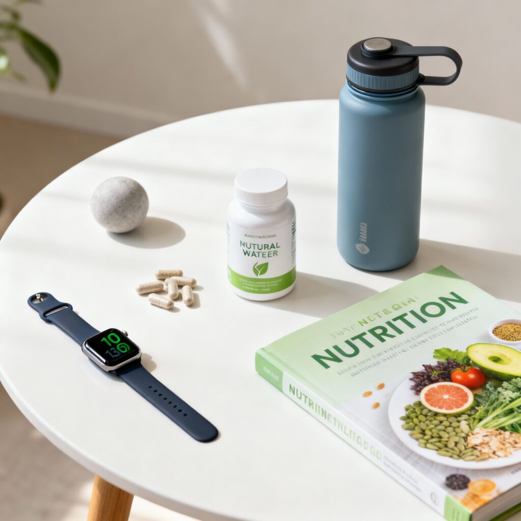 Mesa moderna e minimalista com dispositivos de saúde e fitness, como relógio inteligente, garrafa de água funcional, suplementos naturais e livro de nutrição, iluminada por luz natural suave.