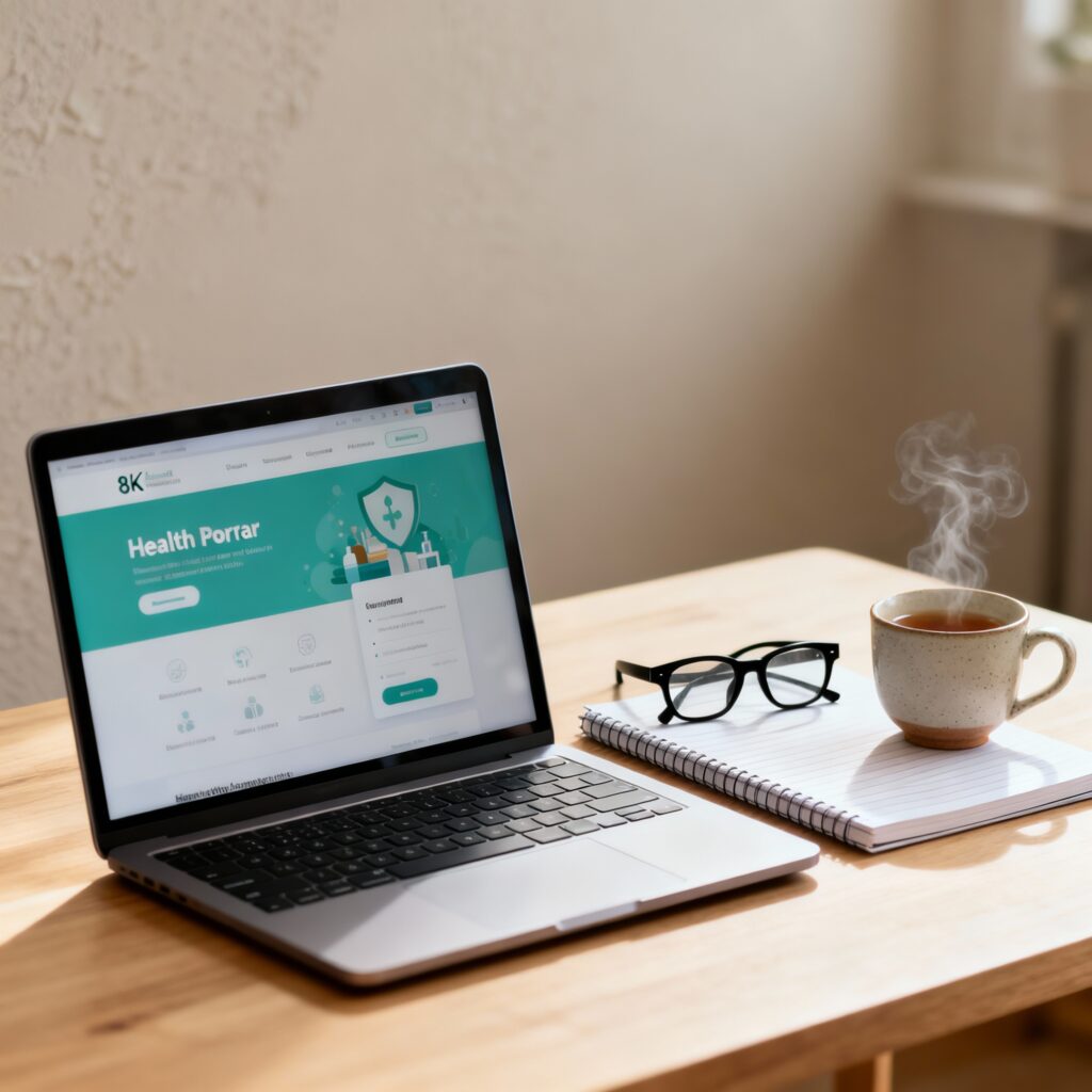 “Mesa organizada com computador exibindo informações de bem-estar.”