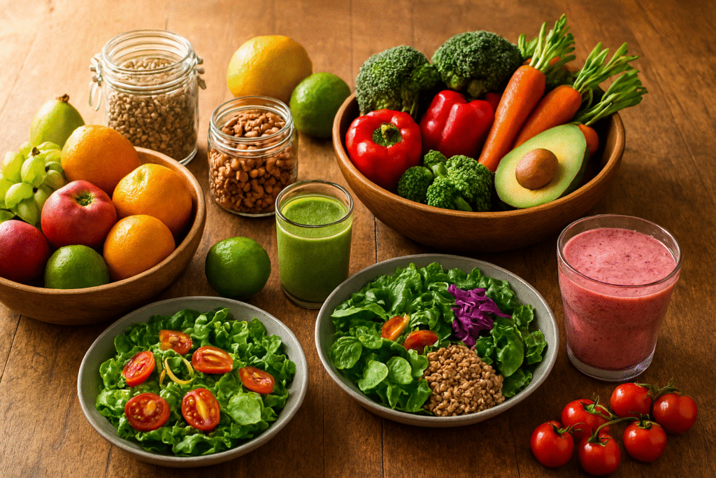 Mesa rústica iluminada com frutas frescas coloridas, vegetais variados, potes de sementes e nozes, e pratos com alimentos fitness como saladas e smoothies, simbolizando saúde e bem-estar.