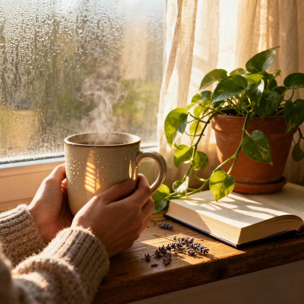 moça com café quente, desfrutando de um momento de reflexão