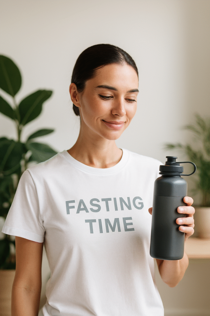 "Pessoa praticando jejum intermitente, segurando garrafa de água funcional, em ambiente calmo e iluminado, com elementos naturais ao fundo, transmitindo saúde e longevidade, estilo fotografia clean e moderna."