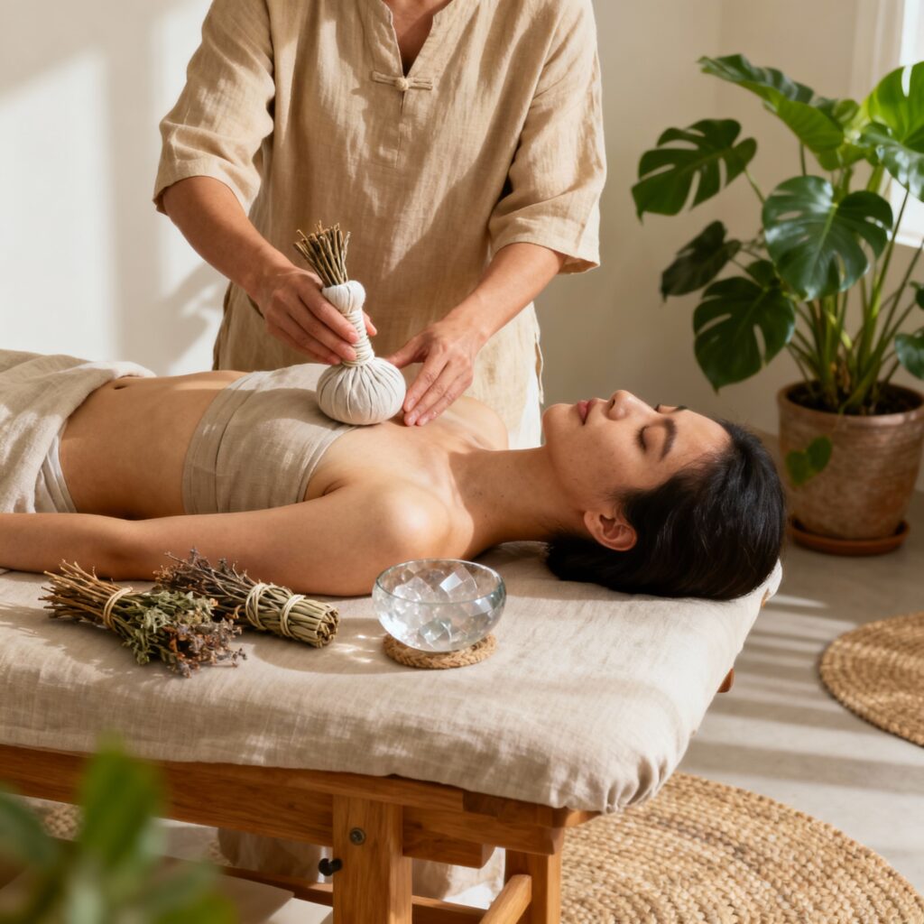 Sessão de terapia integrativa com foco em relaxamento e medicina natural, representando o cuidado holístico com a saúde mental.