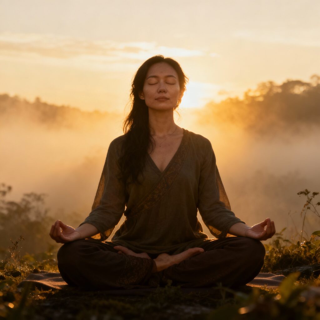 Mulher praticando yoga ao ar livre, transmitindo equilíbrio, paz interior e conexão entre corpo e mente