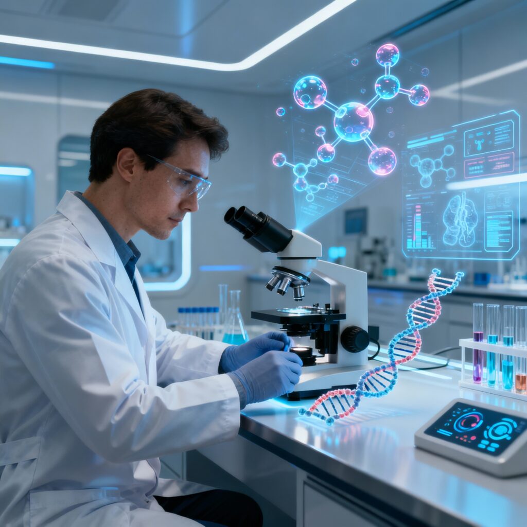 (Mostra o avanço científico e o papel da biotecnologia na longevidade.)