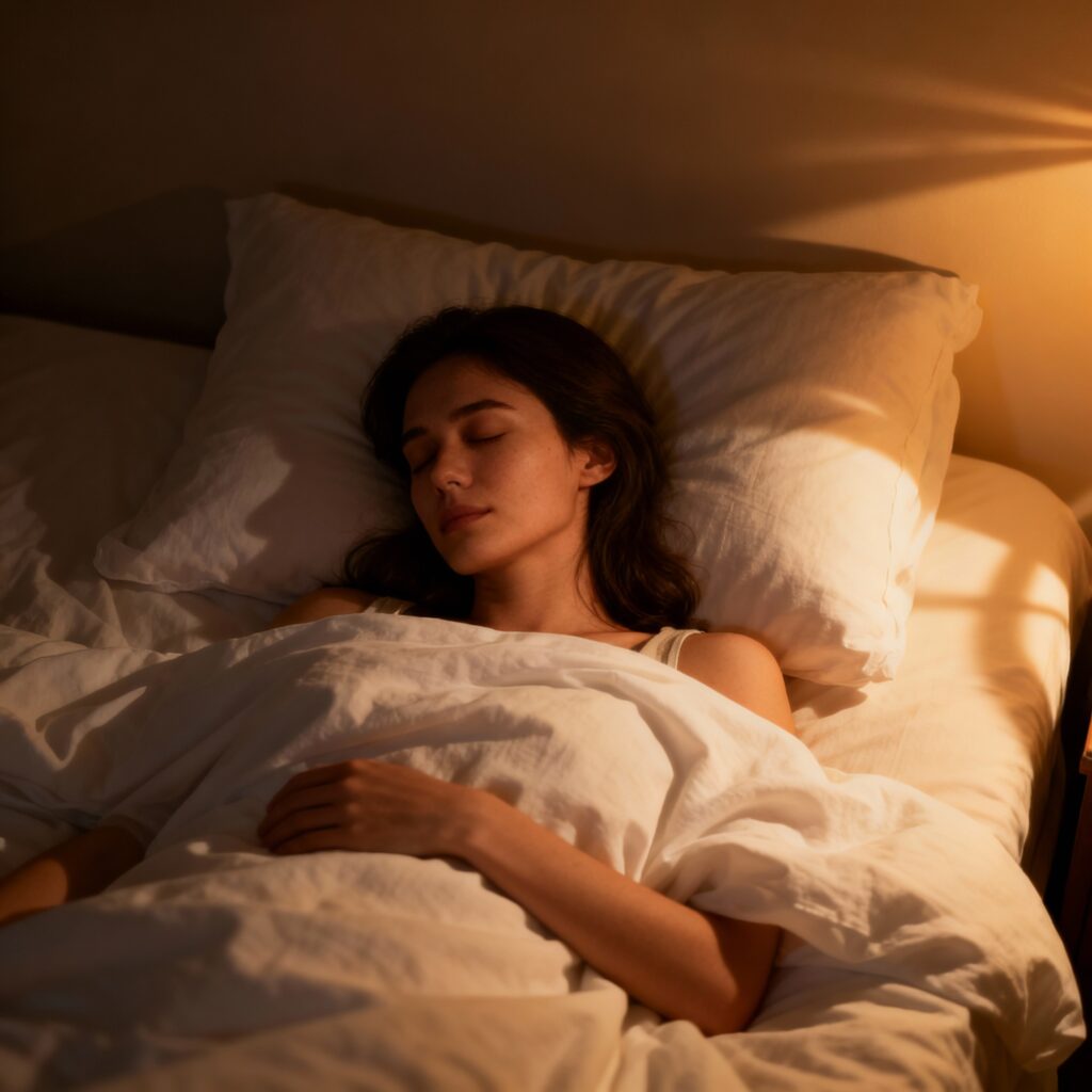 Mulher dormindo tranquilamente em quarto aconchegante, representando o poder restaurador do sono.