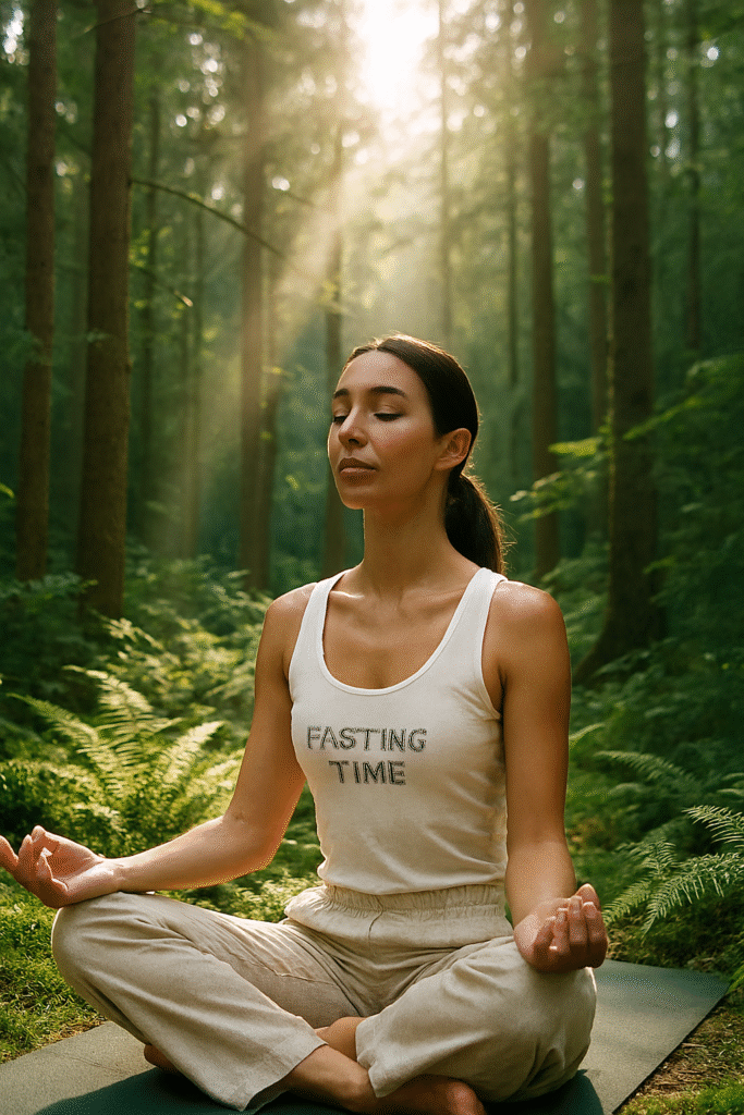 "Mulher meditando em floresta com luz da manhã filtrada pelas árvores, cercada por verde vibrante, transmitindo conexão profunda com a natureza e bem-estar mental, em estilo editorial inspirador."