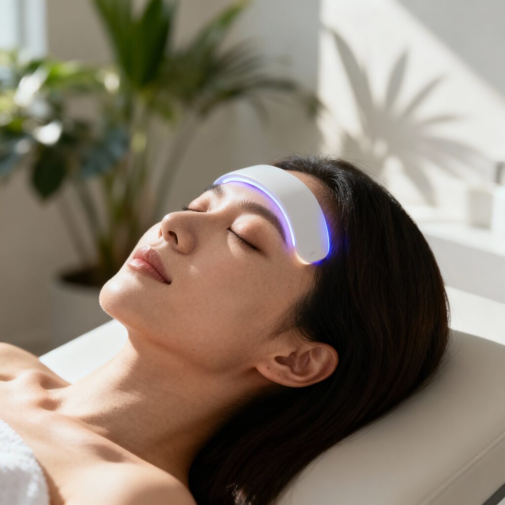 Mulher relaxando em spa com luz terapêutica — beleza e bem-estar integrados.